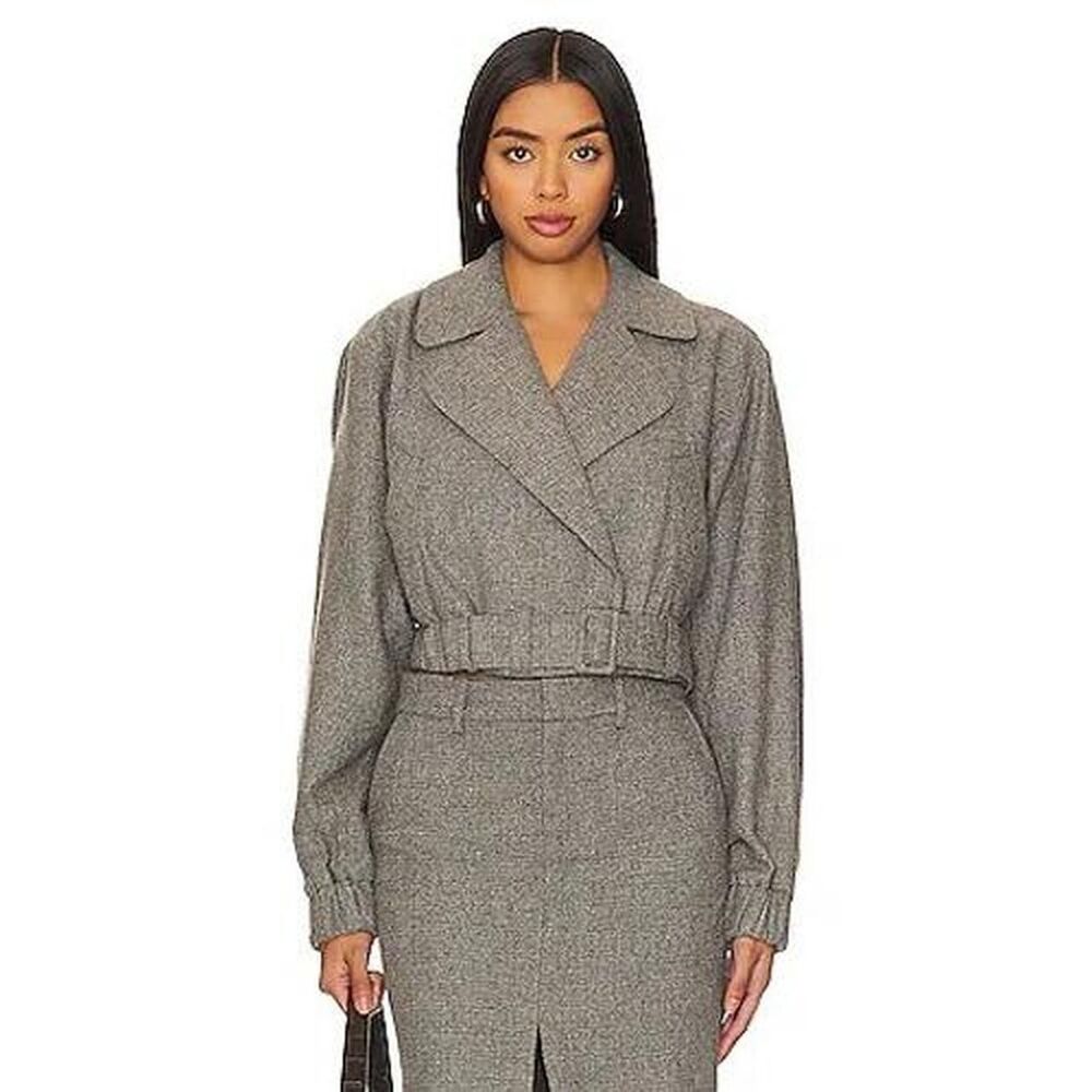 L'Academie x Marianna Kit Tweed Cropped Belted Moto Jacket in Gray Size S